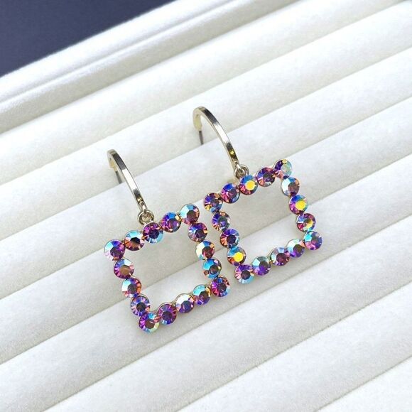 Yellow Gold with Iridescent AB Crystal Dangling Square and Hoop Post Earrings - Picture 5 of 10